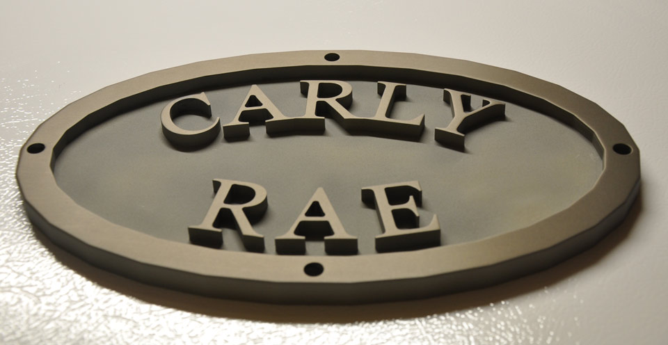 Anodized engraved plaque for saltwater craft.